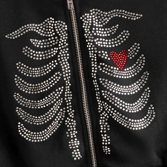 FLOEMS RHINESTONE SKELTON HEART CROP ZIPPER HOODIE NWT - Picture 1 of 6